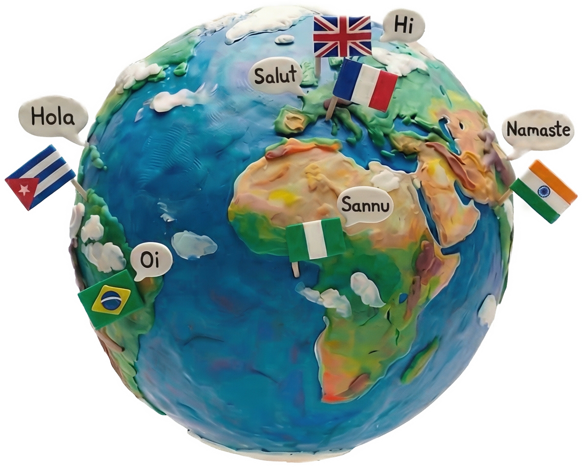 Globe with flags representing 140+ languages translated by Lingomatic